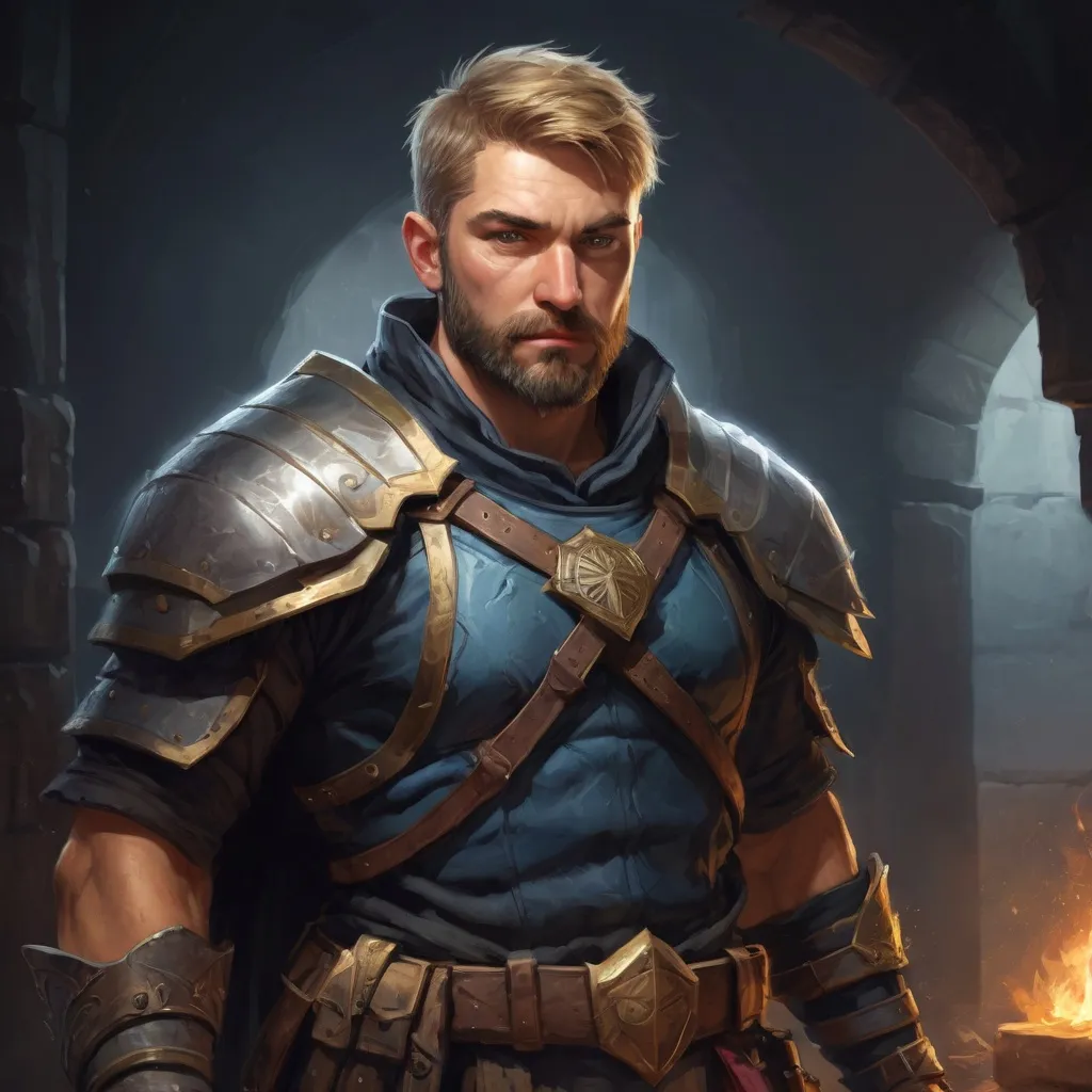Prompt: Male stocky warrior in  a breastplate, with short dark-blonde hair and beard, exploring a dark dungeon, pathfinder, d&d setting, in a realistic high quality digital art style, enhanced shadow quality, very colorful