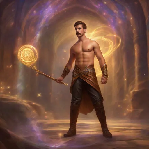 Prompt: (Full body) a male young wizard with mustache and stubble short hair, handsome manly face, belt, boots, no shirt hairy chest, holding magical staff swirly lights, standing in a otherwordly dimention, fantasy setting, dungeons & dragons, in a painted style realistic art