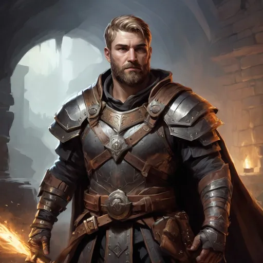 Prompt: Male stocky warrior in  a breastplate, with short dark-blonde hair and beard, exploring a dark dungeon, pathfinder, d&d setting, in a realistic high quality digital art style, enhanced shadow quality, very colorful