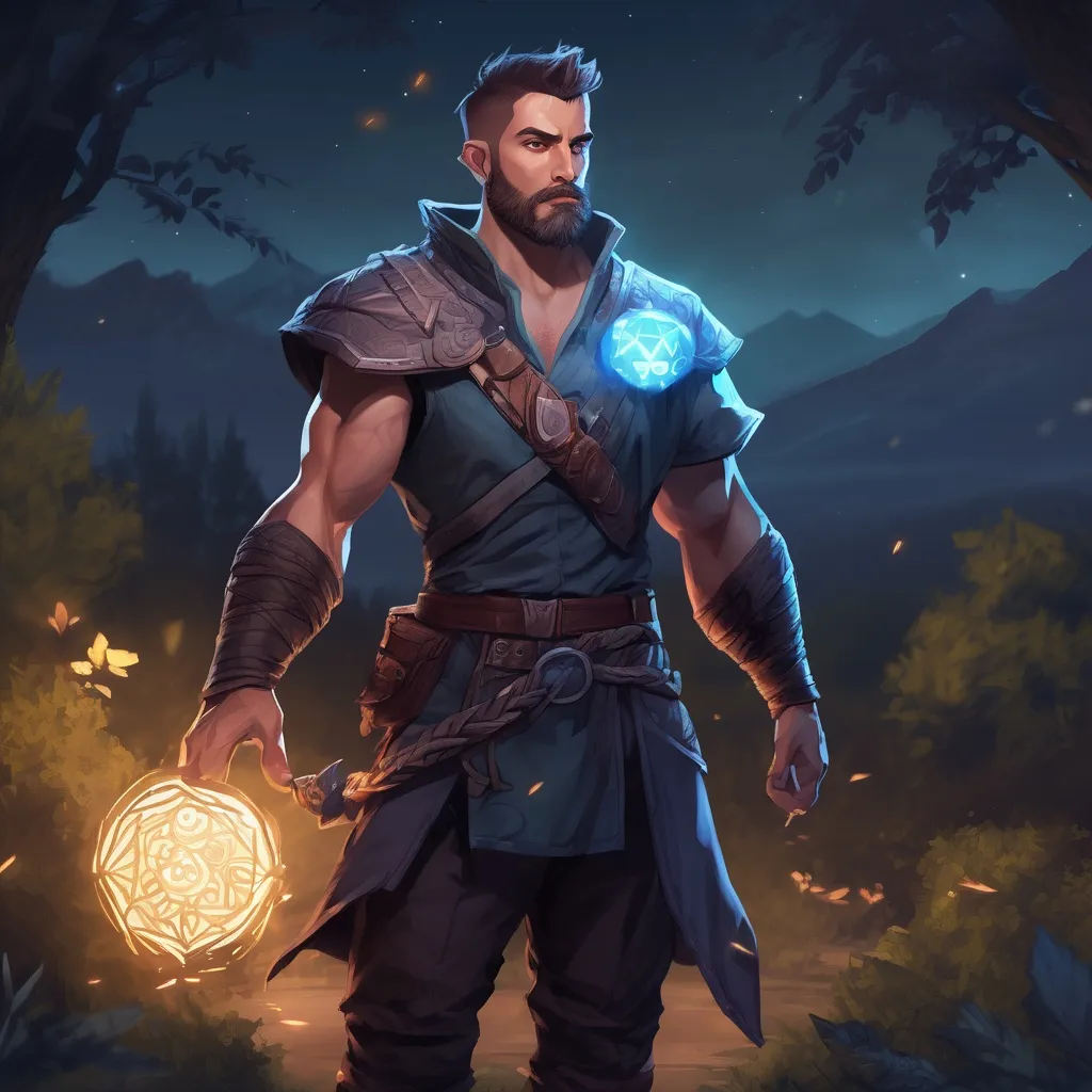 Prompt: (Full body) male muscular summoner with short hair and beard, in nature at night, pathfinder, d&d setting, in a realistic digital art style