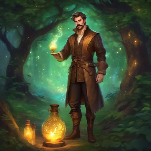 Prompt: (Full body) A male alchemist with short cut hair with a mustache and stubble manly face, pathfinger, magic swirl, leather pants, holding magic potion, dungeons and dragons, brown boots, fantasy setting, in a forest glade at night, in a painted style realistic art