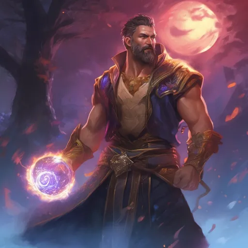 Prompt: (Full body) male stocky young muscular magus with short-cut hair and beard, no shirt on, casting a swirly astral-spell, in nature at night pathfinder, d&d setting, in a realistic digital art style