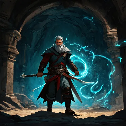 Prompt: (Full body) male rogue with grey short hair and beard, holding a weapon, exploring an underground temple in the dark, magic swirls, pathfinder, d&d setting, in a drawn digital art style