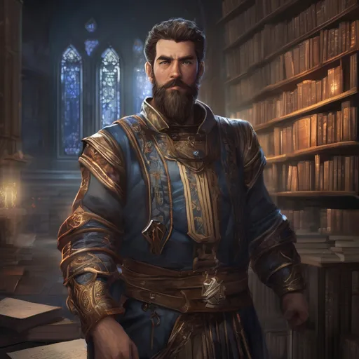 Prompt: (Full body) male stocky big-chested young cleric with striped short brown hair and grey beard, hairy chest, casting swirly bright spell, in a dark library, pathfinder, d&d setting, in a realistic high quality digital art style