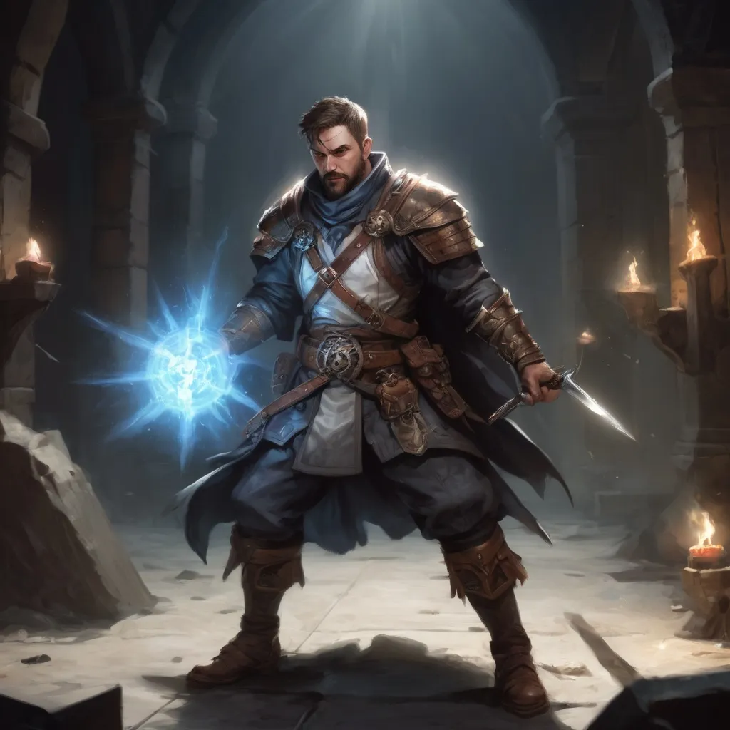 Prompt: Male stocky large battle-mage with short-cut hair and beard, engaged in combat casting a white-light spell inside of a dark dungeon, pathfinder, d&d setting, in a realistic high quality digital art style, enhanced shadow quality, colorful
