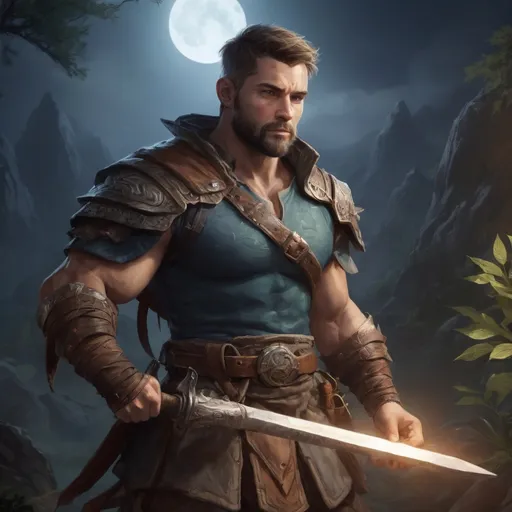 Prompt: male stocky fat muscular 
ranger-fighter with short hair and beard, holding fantasy-weapon, in nature at night, pathfinder, d&d setting, Realistic, Enhanced shadow and light quality