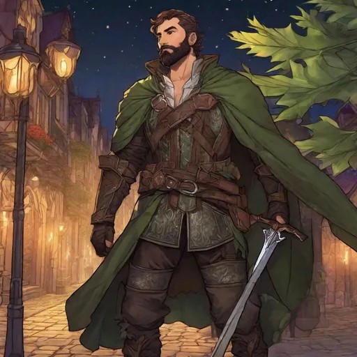 Prompt: (Full body) A male short-haired rogue with open shirt hairy chest and short beard fantasy weapon, armor and shirt with leaf details, manly, dungeons and dragons fantasy setting, night time in a town street, in a painted style