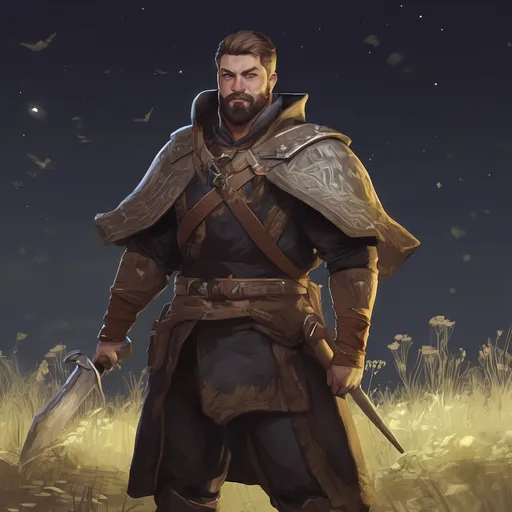 Prompt: (Full body) male stocky inquisitor with short hair and beard, big arms, in nature at night, pathfinder, d&d setting, in a realistic digital art style