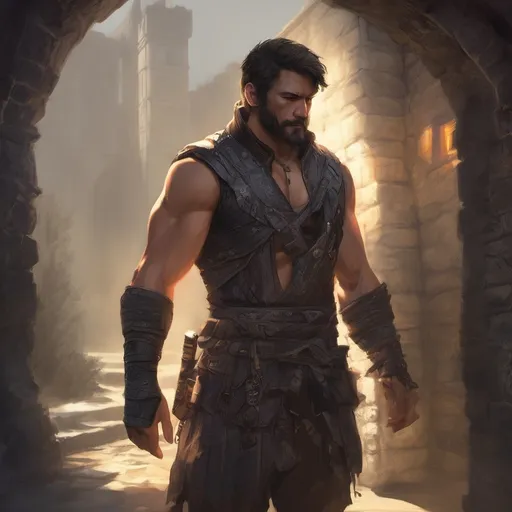 Prompt: (Full body) male stocky big-chested bandit with short dark hair and beard, no shirt on, in a dark castle, pathfinder, d&d setting, in a realistic digital art style