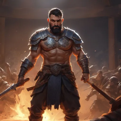 Prompt: Male stocky mature gladiator with short-cut hair and beard, in combat holding a weapon, inside of an arena at nigjt. pathfinder, d&d setting, in a realistic high quality digital art style, enhanced shadow quality