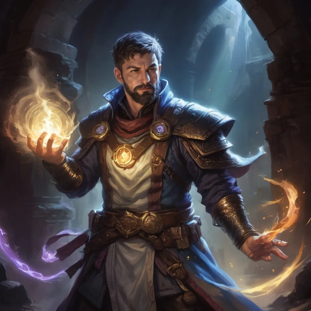 Prompt: Male stocky large mature arcane-mage with short-cut hair and beard, engaged in combat casting a prismatic-light spell inside of a dark dungeon, pathfinder, d&d setting, in a realistic high quality digital art style, enhanced shadow quality, colorful