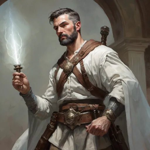 Prompt: (torso) Male stocky large mature fit battle-mage with short-cut hair and beard, engaged in combat casting a light-spell in movement, pathfinder, d&d setting, realistic, enhanced shadow quality ((norman rockwell))