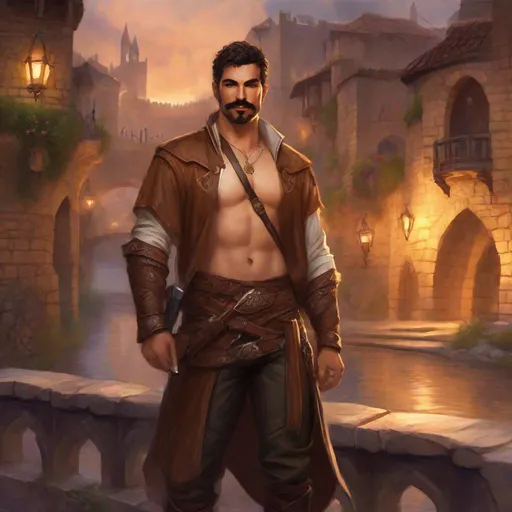 Prompt: (Full body) A broad-chested large arab male rogue with short-cut hair a mustache and stubble, pathfinger,  no shirt hairy chest, magic swirl, leather pants, holding a weapon, dungeons and dragons, brown boots, fantasy setting, on a small town bridge, in a painted style realistic art