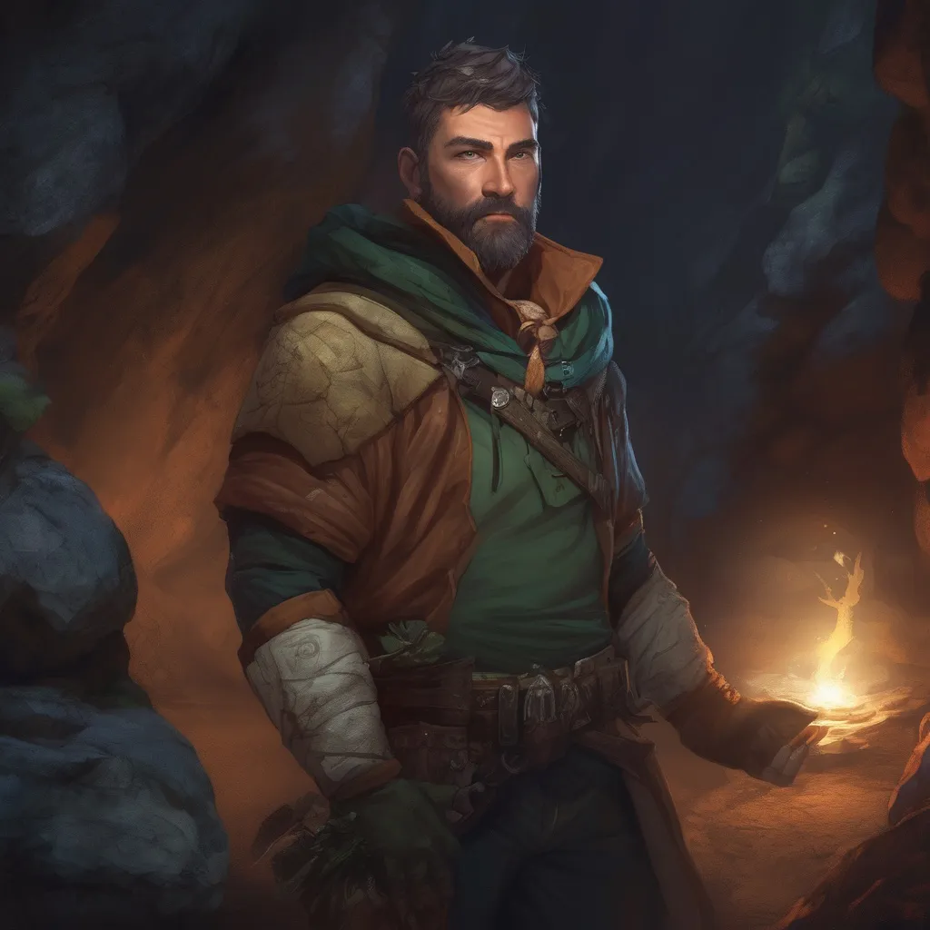 Prompt: (Full body) male stocky handsome arcane-ranger with short-cut hair and beard, in a forest cave at night pathfinder, d&d setting, in a realistic high quality digital art style