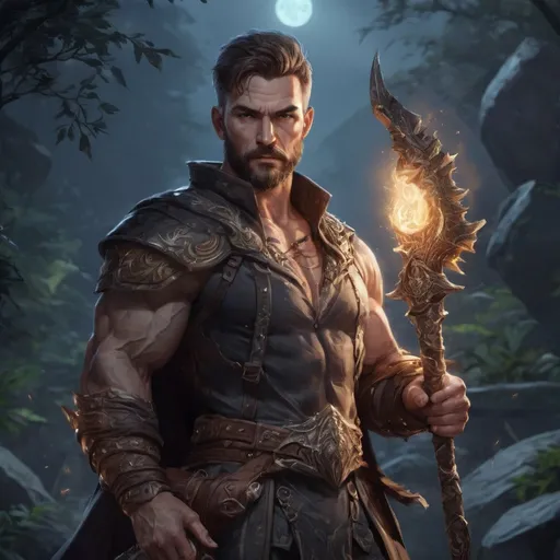 Prompt: male stocky muscular mature summoner with short hair and beard, holding fantasy-weapon, in nature at night, pathfinder, d&d setting, Realistic, Enhanced shadow and light quality
