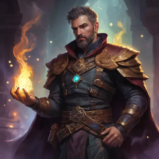Prompt: (Torso) Male stocky large mature arcanist with short-cut hair and beard, exploring a dark magic dimention, surrounded by bright magic, pathfinder, d&d setting, in a realistic high quality digital art style, enhanced shadow quality, colorful