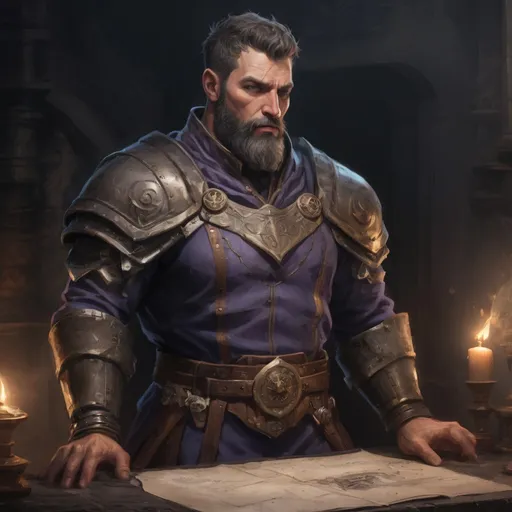 Prompt: Male stocky large muscular royal alchemist with short-cut hair and beard, exploring a dark laboratory, pathfinder, d&d setting, realistic, enhanced shadow quality