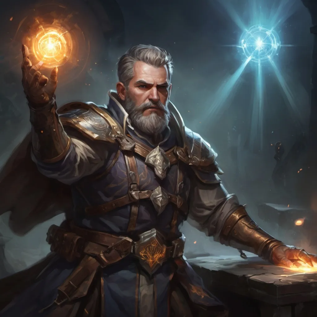 Prompt: Male stocky large mature cleric with short-cut hair and beard, engaged in combat casting a prismatic-light spell inside of a dark dungeon, pathfinder, d&d setting, enhanced shadow quality