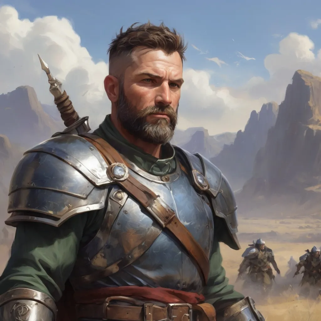 Prompt: Male heavy-set mature fit transmuter with short-cut hair and beard, in a windy battlefield, pathfinder, d&d setting, enhanced shadow quality