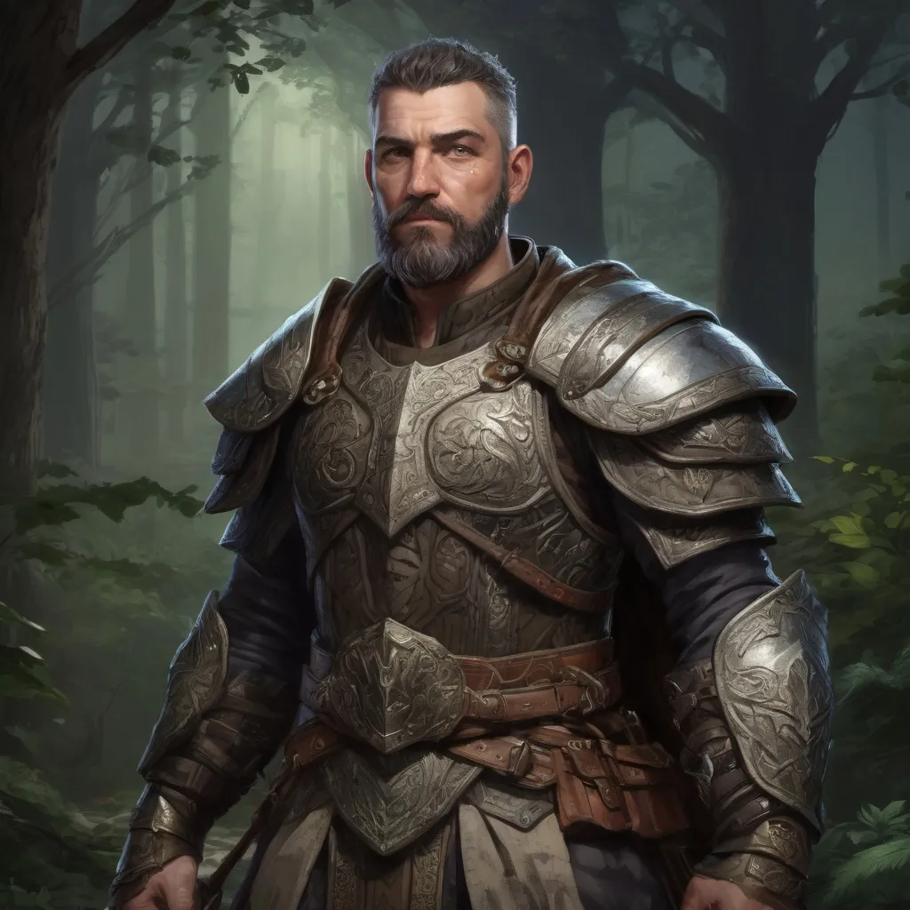 Prompt: Male stocky heavy-set mature fantasy-druid with short-cut hair and beard, nature-armour, outside of fantasy forest at night, pathfinder, d&d setting, in a realistic high quality digital art style, enhanced shadow quality