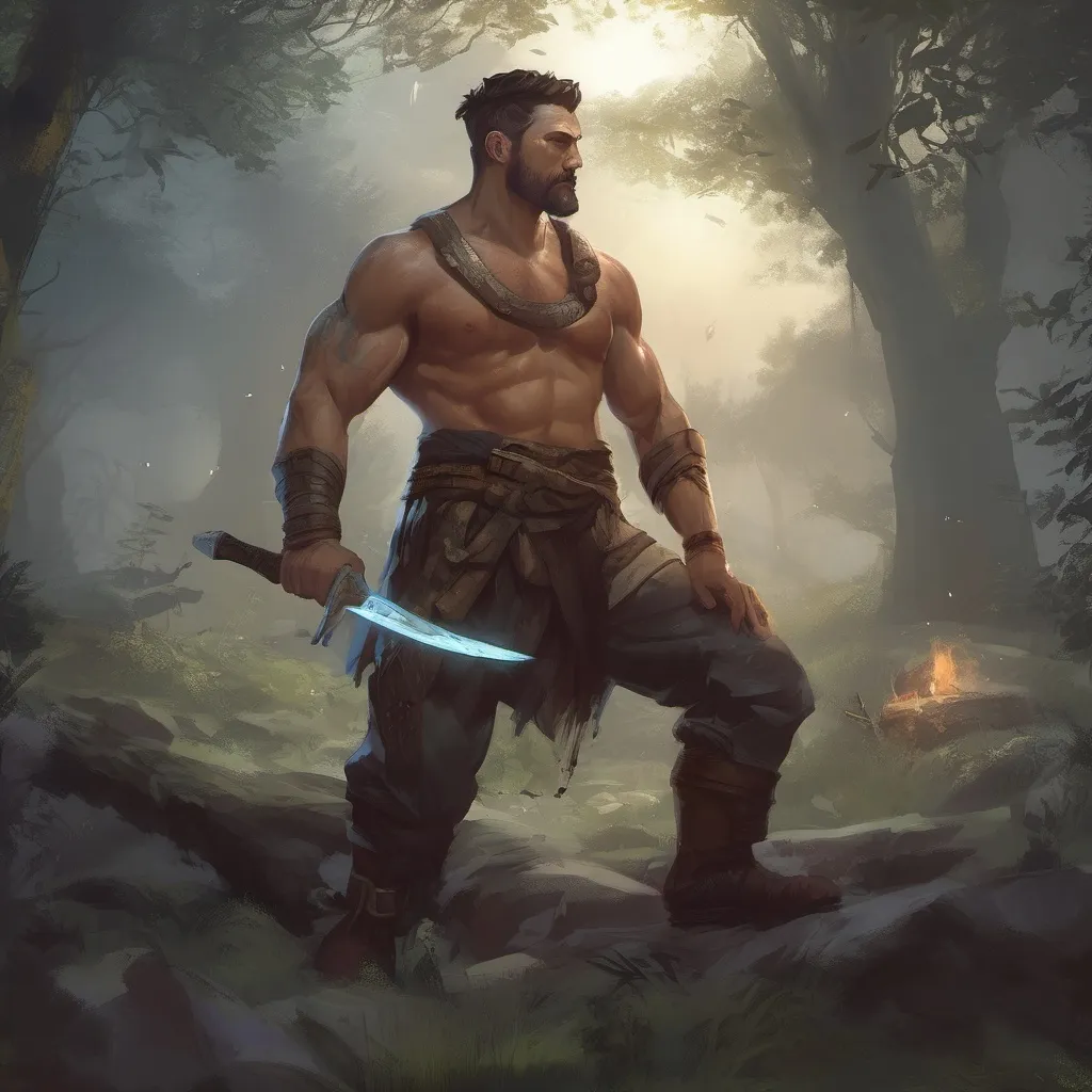 Prompt: (Full body) male stocky martial fighter with short-cut hair and a mustache, no shirt on, in nature at night pathfinder, d&d setting, in a realistic digital art style