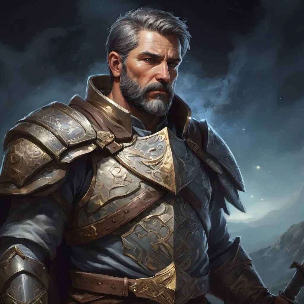 Prompt: (torso) Male heavy-set mature fit paladin with short-cut hair and beard, swinging a magical sword in combat, in movement, in a valley at night, pathfinder, d&d setting, enhanced shadow quality