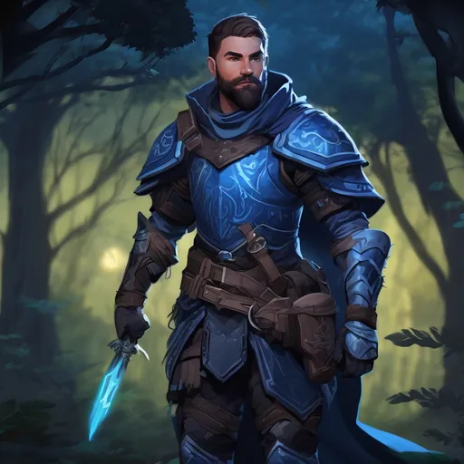 Prompt: (Full body) male ranger with short hair and beard, blue and black armor, in nature at night, pathfinder, d&d setting, in a realistic digital art style