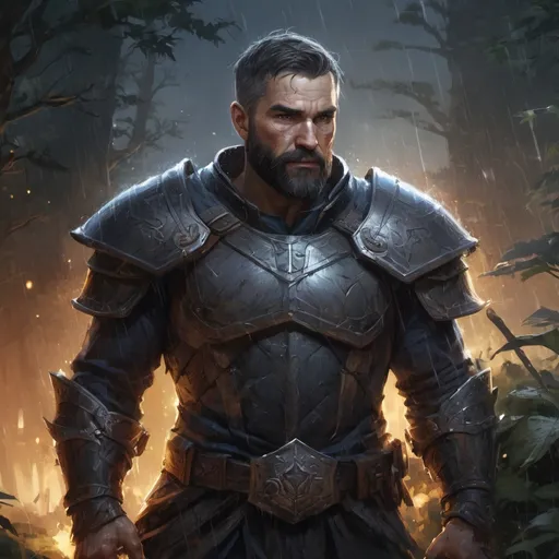 Prompt: Male stocky muscular mature paladin, with short hair and beard, in a dark thicket by a battlefield at night in a rainstorm, pathfinder, d&d setting, in a realistic high quality digital art style, enhanced shadow quality, colorful