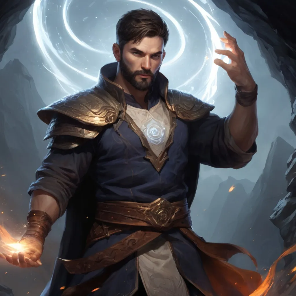 Prompt: (Full body) male stocky young muscular cleric with short-cut hair and a beard, casting a swirly astral-spell, in a dark cave, pathfinder, d&d setting