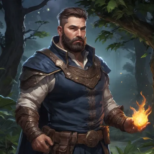 Prompt: (Full body) male stocky heavy-set 
transmuter with short hair and beard, hairy chest, casting bright spell, in nature at night, pathfinder, d&d setting