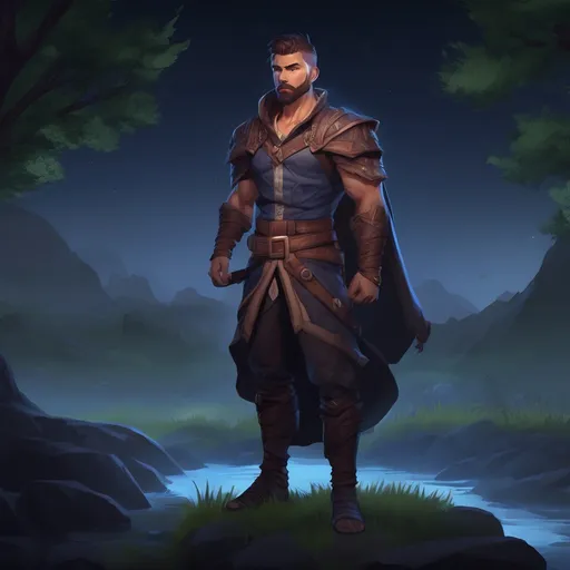 Prompt: (Full body) male muscular summoner with short hair and beard, in nature at night, pathfinder, d&d setting, in a realistic digital art style