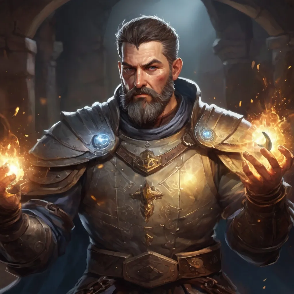 Prompt: (torso) Male stocky large mature cleric with short-cut hair and beard, engaged in combat casting a prismatic-spell inside a dungeon, pathfinder, d&d setting, in a realistic high quality digital art style, enhanced shadow quality