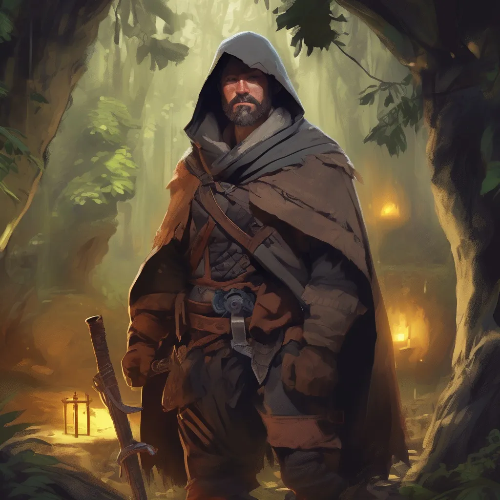 Prompt: (Full body) male stocky handsome thief bandit rogue with short-cut hair and beard, in a forest cave at night pathfinder, d&d setting, in a realistic high quality digital art style