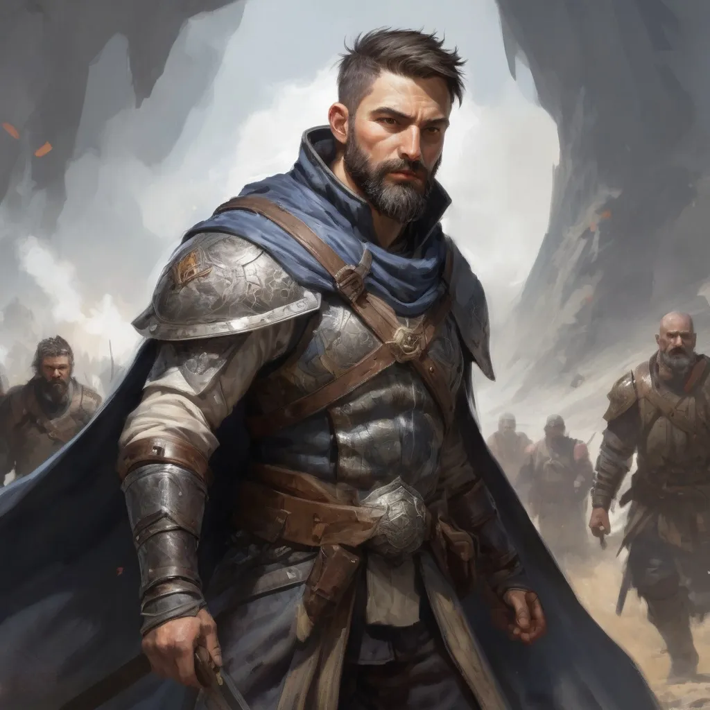 Prompt: Male heavy-set mature fit Cleric with short-cut hair and beard, casting healing-magic out of hands on a wounded male warrior with short hair and a beard, in a windy battlefield, pathfinder, d&d setting, enhanced shadow quality