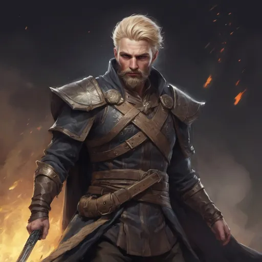 Prompt: (Full body) male stocky large masculine sorcerer with short-cut blonde hair and beard, hairy chest, in a dark battle field, pathfinder, d&d setting, in a realistic high quality digital art style