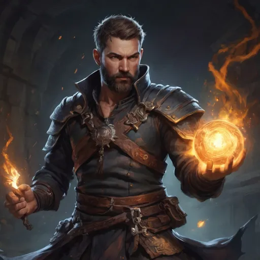 Prompt: (torso) Male stocky large danish handsome battle-mage with short-cut hair and beard, engaged in combat casting an arcane-spell inside of a dark dungeon, in movement, pathfinder, d&d setting, realistic, enhanced shadow quality, colorful