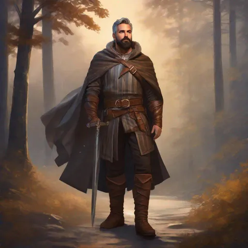 Prompt: (Fullbody) male adult lord manly face short-hair grey stripes, bearded, leather shirt open shirt, heavy belt , swirly magic, brown boots, cloak, pathfinder, dungeons and dragons, outside a town by a forest at night, holding a weapon, in a painted style, realistic