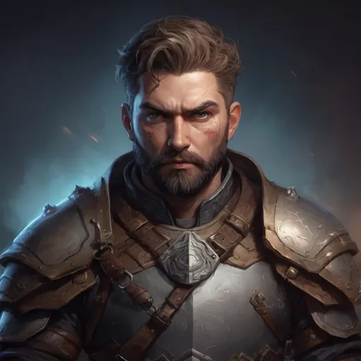 Prompt: Male stocky large mature warrior with short-cut hair and beard, exploring a dark astral dimention, pathfinder, d&d setting, in a realistic high quality digital art style, enhanced shadow quality, colorful