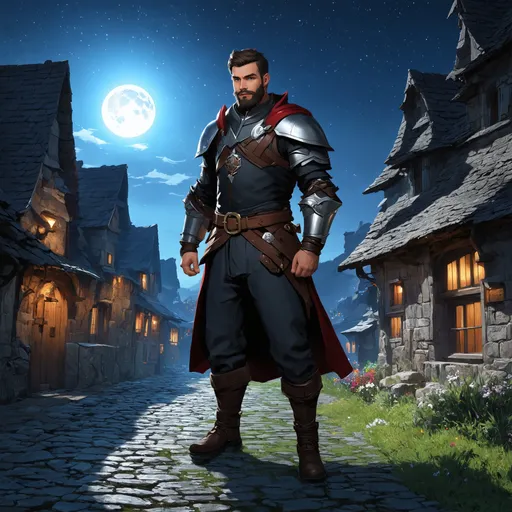 Prompt: (Full body) male paladin with a short hair and beard, belt and pants, standing outside of a small town at night, pathfinder, d&d setting, in a digital art style