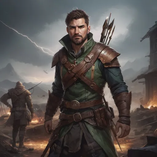 Prompt: Male stocky heavy-set hunter-archer with short-cut hair and beard, on a battlefield in a tornado, pathfinder, d&d setting, in a realistic high quality digital art style, enhanced shadow quality, colorful