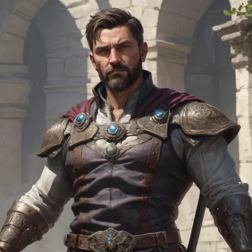 Prompt: (Torso and head) Male stocky fit 39-year old Magus with short-cut hair and beard, big pectorals holding a magic staff in movement, in a fantasy town, pathfinder, d&d setting, realistic, enhanced shadow quality, colorful