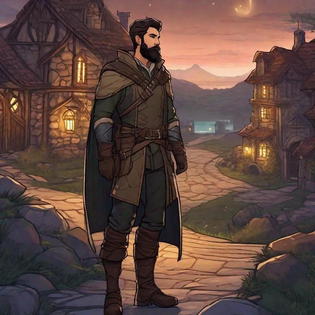 Prompt: A male ranger with dark short hair and beard, boots, magical swirls, standing on a road outside of a small town at night, pathfinder, dungeons & dragons, in a detailed realistic digital art style