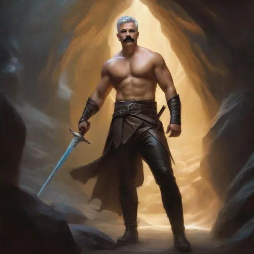 Prompt: (Full body) a fighter with mustache and stubble grey short-cut hair no shirt on, belt, boots, leather pants, holding a sword, standing in a dark cavern, fantasy setting, dungeons & dragons, in a painted style realistic art