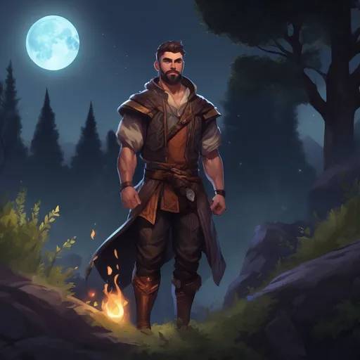 Prompt: (Full body) male muscular summoner with short hair and beard, in nature at night, pathfinder, d&d setting, in a realistic digital art style