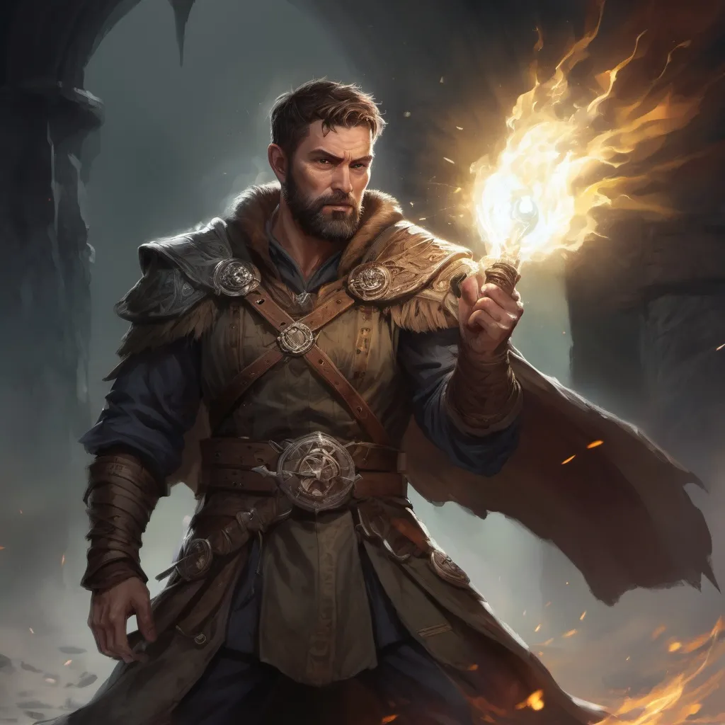 Prompt: Male stocky large mature fantasy-druid with short-cut brown hair and beard, engaged in combat casting a white-light spell inside of a dark dungeon, pathfinder, d&d setting, in a realistic high quality digital art style, enhanced shadow quality, colorful