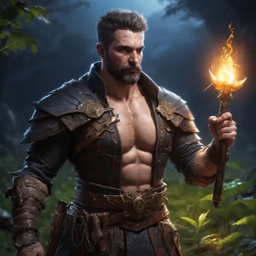 Prompt: male stocky muscular mature summoner with short hair and beard, holding fantasy-weapon, in nature at night, pathfinder, d&d setting, Realistic, Enhanced shadow and light quality