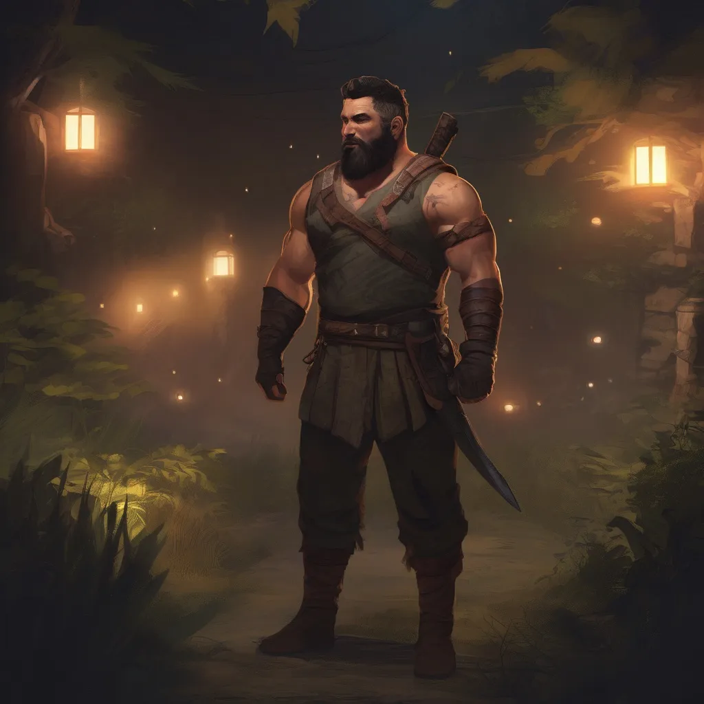 Prompt: (Full body) male stocky fighter with hairy chest and short hair and beard, in nature at night, pathfinder, d&d setting, in a realistic digital art style