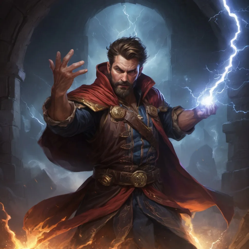 Prompt: (torso) Male stocky large muscular mature sorcerer with short-cut brown hair and beard, engaged in combat casting a lightning spell inside of a dark dungeon, pathfinder, d&d setting, in a realistic high quality digital art style, enhanced shadow quality, wearing colorful robes