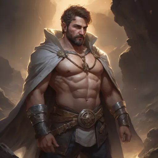 Prompt: male stocky heavy-set royal argentinian transmuter-magus with short-cut hair and beard, open shirt hairy chest, casting bright spell, in windy valley at night, pathfinder, d&d setting, realistic high quality, enhanced shadow quality