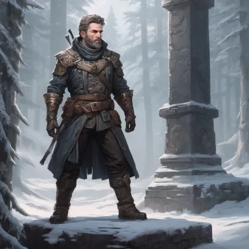 Prompt: Male stocky mature noble marksman, with short hair and beard, standing on an old temple in a winter forest, pathfinder, d&d setting, in a realistic high quality digital art style, enhanced shadow quality, colorful